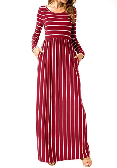 levaca Women's Long Sleeve Pleated Pockets Loose Casual Maxi Long Dress