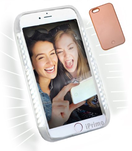 iPhone 6 and 6(S) ONLY. Bright LED Lighting (Dimmable) Cell Phone Case by iPrimio ®. Great for Selfies. Facetime. Flashlight.. (Rose Gold)