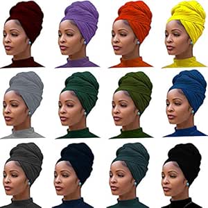 12 Pieces Head Wrap Scarf Stretch Jersey Turban Extra Long Ultra Soft Urban Headwraps for Women Solid Color African Headwear Headband Tie Wholesale Set 03