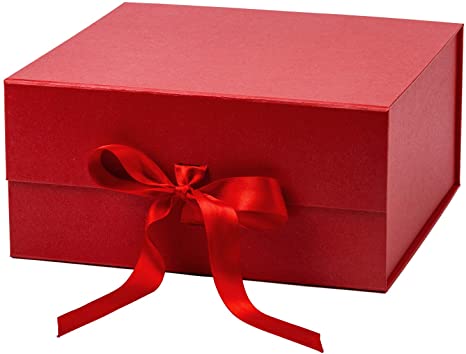 WRAPAHOLIC 2Pcs Red Gift Box with Satin Ribbon, 8x8x4 Inches Collapsible Gift Box with Magnetic Closure for Party, Wedding, Gift Wrap, Bridesmaid Proposal, Storage