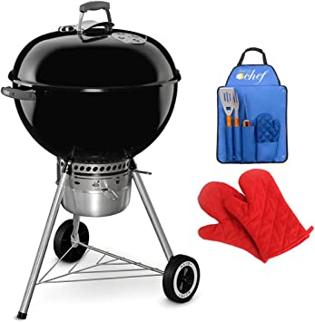 Weber 14401001 22 inch Original Kettle Premium Charcoal Grill Black Bundle with 3 Piece BBQ Tool Set with Custom Blue E2WB14401001 E2WB14401001