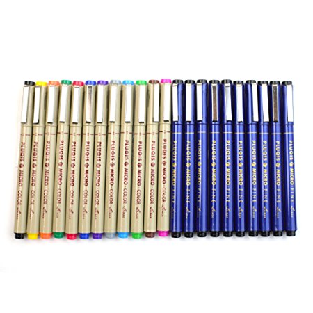 Technical Drawing Fineliner Pens in 10 Black and 12 Assorted Colors by Pluqis
