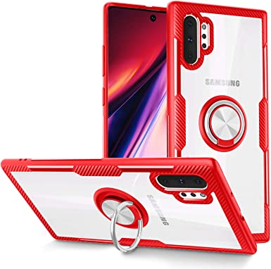 SQMCase Galaxy Note 10  Plus/5G Case, Samsung Galaxy Note 10  Case,Carbon Fiber Design Anti-Fingerprints Crystal Clear Cover with Rotation Finger Ring Kickstand [Work with Magnetic Car Mount],Red