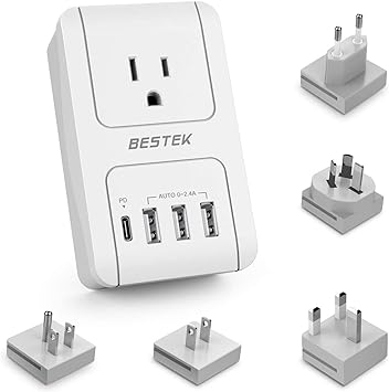 BESTEK International Travel Adapter, 3000W Universal Travel Power Adapter Support Hair Dryer, Curling Iron 30W PD USB Travel Wall Charger with Worldwide Wall Plugs for US, UK, AU, EU and Asia, PD30