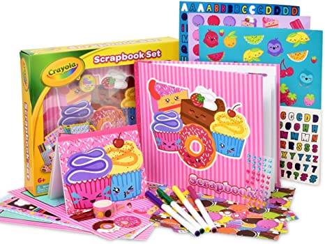 Crayola Scrapbook Activity Craft Kit, Mess Free Journal Set for Kids, Drawing Art Supplies Included Scrapbook, Pattern Sheets, Cut Outs, Gem Stickers, Sequins, Washable Markers and Tape