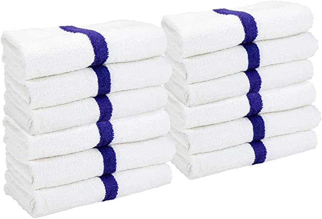 Arkwright Cotton White Bath Towels with Blue Center Stripes, Pack of 12 Absorbent Gym Towel for Hotel, Spa, Gym (22 x 44 Inch)