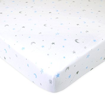 TL Care Fitted Portable/Mini-Crib Sheet 100% Cotton Jersey, Blue Stars and Moon