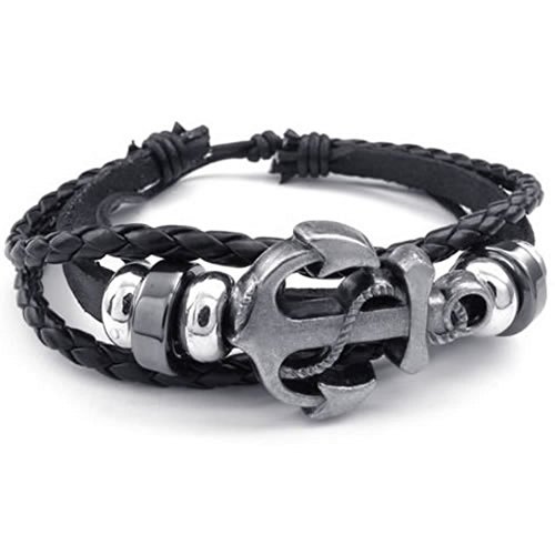 KONOV Mens Womens Leather Bracelet, Vintage Anchor Charm Bangle, Fit 7-9 inch, Black Silver