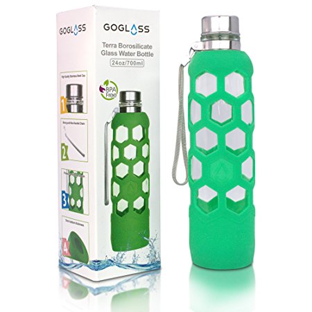 GoGlass Terra Borosilicate Glass Water Bottle With Silicone Sleeve 24oz, No Plastic, Modern Large Drinking Reusable Travel Bottles