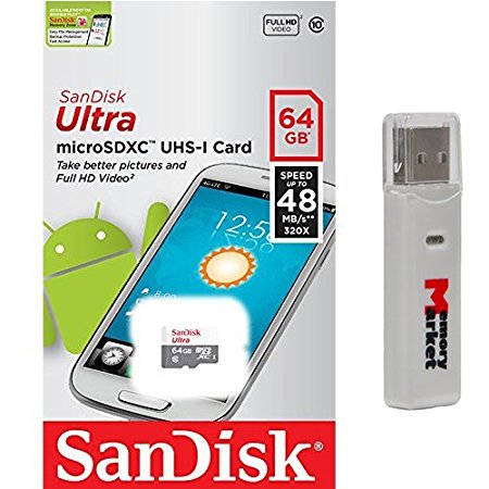 SanDisk Ultra 64GB UHS-I Class 10 48mb/s MicroSDXC Memory Card for HTC Desire 520 526 620 626 626s 728 820 826 Eye One M8s M9 M9  E9  Me with MemoryMarket MicroSD & SD Memory Card Reader