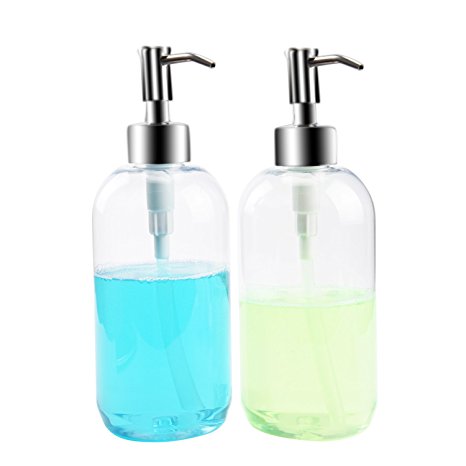 Soap Dispensers Bottles Countertop Lotion Clear With Stainless Steel Pump ULG Empty Free Liquid Hand Soap Dispenser Kitchen and Bathroom Boston Round Plastic Press Bottle 16oz 2 Pack