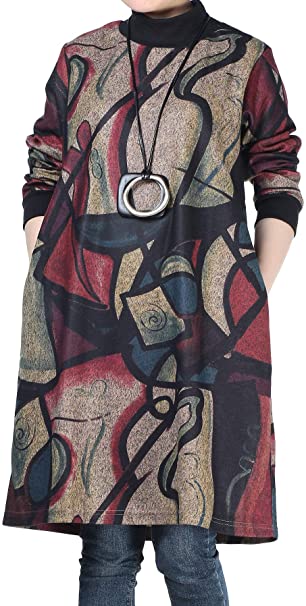 Minibee Women's Printing Tunic Dress Abstract Long Sleeve Pullover with Pockets