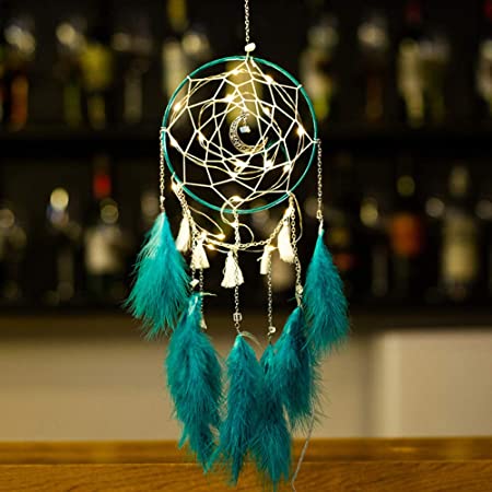 Meticci LED Dream Catcher, LED Dream Catchers, Dream Catcher, Dream Catchers Handmade Traditional Feather Hanging Home Wall Decoration Décor Ornament Craft Native American Style (Evergreen)