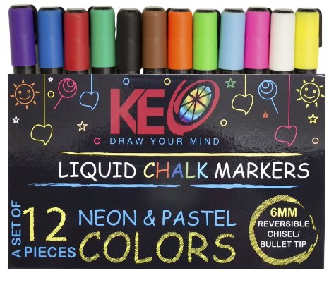 Liquid Chalk Markers, Mega pack of 12, Neon & Natural Colors, for Kid's Art, Whiteboard, Chalkboard, Window, Glass, Bistro, Ledboard, 6mm Reversible Tips, Free Gift Box & 6 Replacement Tips Included