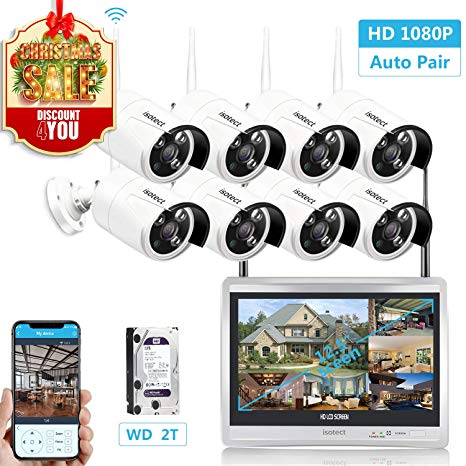 Security Camera System Wireless, 12.5-inch LCD Monitor All in One CCTV WiFi NVR Kit with 8pcs 1080P Full HD Outdoor/Indoor Video Surveillance IR Night Vision IP Cameras, Best Security System 2TB HDD