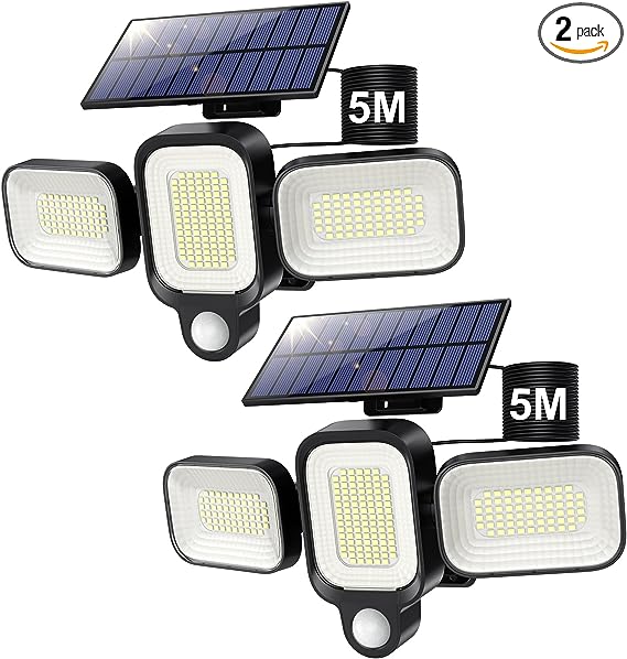 Solar Outdoor Lights, [2 Packs] 225 LED 3 Head Adjustable Motion Sensor Lights, 2500LM 330° Wide Angle Solar Flood Lights, IP65 Waterproof Wall Lamp Security Lights With 16.5Ft Cable for Garden Yard