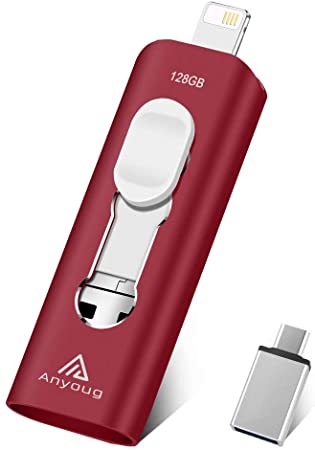(2020 Newest Version) Flash Drive for iPhone 128GB, 4 in 1 Memory Stick Photo Stick for iPhone Jump Drive Anyoug Photostick Mobile USB 3.0 Thumb Drive with Double-Ended Side OTG Smart Phone PC Red