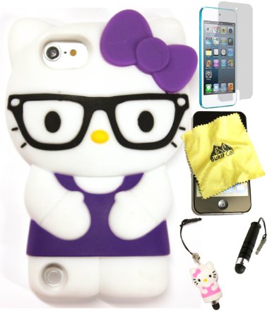 Bukit Cell ® Hello Kitty Nerd Case Bundle - 5 items: PURPLE 3D Hello Kitty ( with Glasses ) Silicone Case Cover for iPod Touch6th/ 5th Generation   BUKIT CELL Trademark Lint Cleaning Cloth   Hello Kitty Figure Anti Dust Plug Stylus Touch Pen   Screen Protector   METALLIC Stylus Touch Pen with Anti Dust Plug