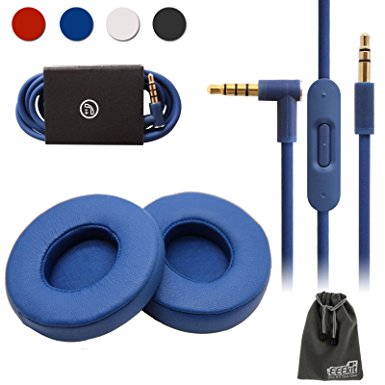 EEEKit Replacement Kit for Beats Solo2 Wired On-Ear Headphone,PU Leather Ear Pad Cushion Cap Memory Foam Cover,Audio Remote Cable Talk w/Mic(Blue)