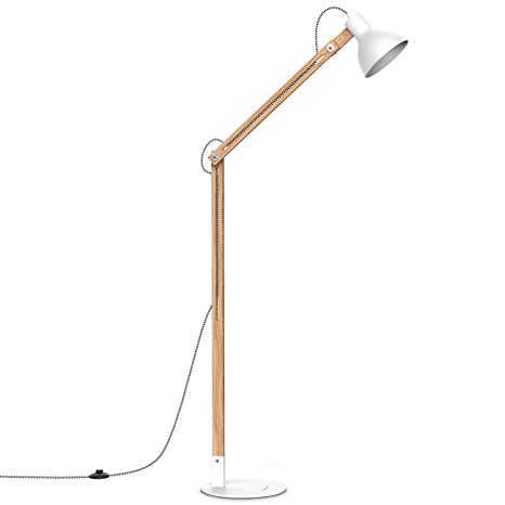 Tomons Wood Floor Lamp, Adjustable Head Reading Light, Nature Rubber Wood, 8W Warm White LED Light, 60W E26/27 Incandescent Lamp, 57.8" Height Suitable For Living Room, Bedroom, Study Room-FL1001