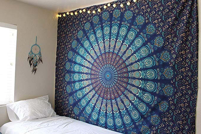 Bless International Indian hippie Bohemian Psychedelic Peacock Mandala Wall hanging Bedding Tapestry (Blue Green, Twin(54x72Inches)(140x185cms))