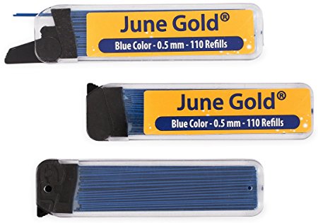 June Gold 330 Blue Colored Lead Refills, 0.5 mm, Fine Thickness for Delicate/Gentle Use with Convenient Dispensers