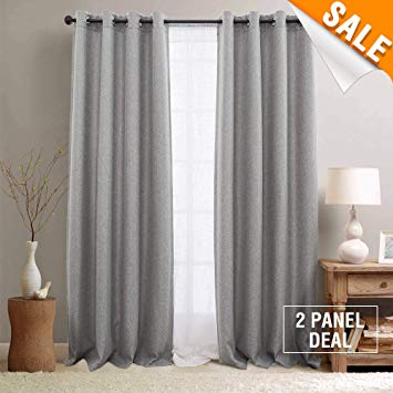 Linen Textured Thermal Insulated Grey 84 inches Curtains Bedroom Window Panels Room Darkening Curtains Blackout Living Room 2 Curtain Panels