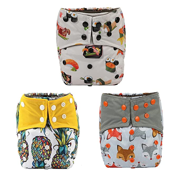 3 AIll in One Night AIO Cloth Diaper Nappy Sewn in Insert Reusable Washable (Sushi Pineapple)