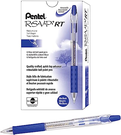 Pentel® R.S.V.P.® RT Retractable Ballpoint Pens, Medium Point, 1.0 mm, 61% Recycled, Transparent Blue Barrel, Blue Ink, Pack Of 12 Pens