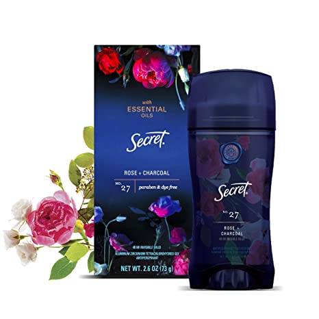 Secret Antiperspirant Deodorant for Women With Pure Essential Oils, Rose & Charcoal Scent, 2.6 Oz