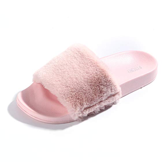 FITORY Women Slides Slippers,Faux Fur Slide Slip On Flats Sandals with Arch Support Open Toe Soft Girls Indoor Outdoor Shoes