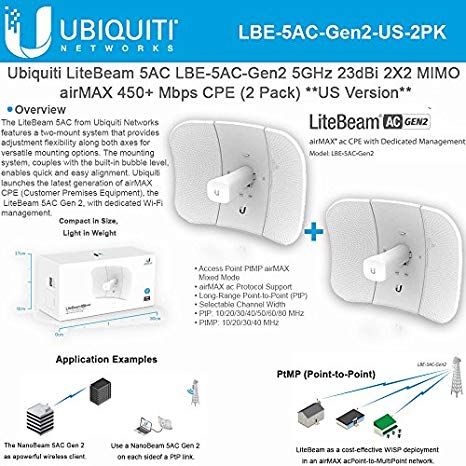 Ubiquiti LiteBeam Gen 2 LBE-5AC-Gen2-US 2X2 MIMO airMAX 5GHz 23dBi 450Mbps-2PACK