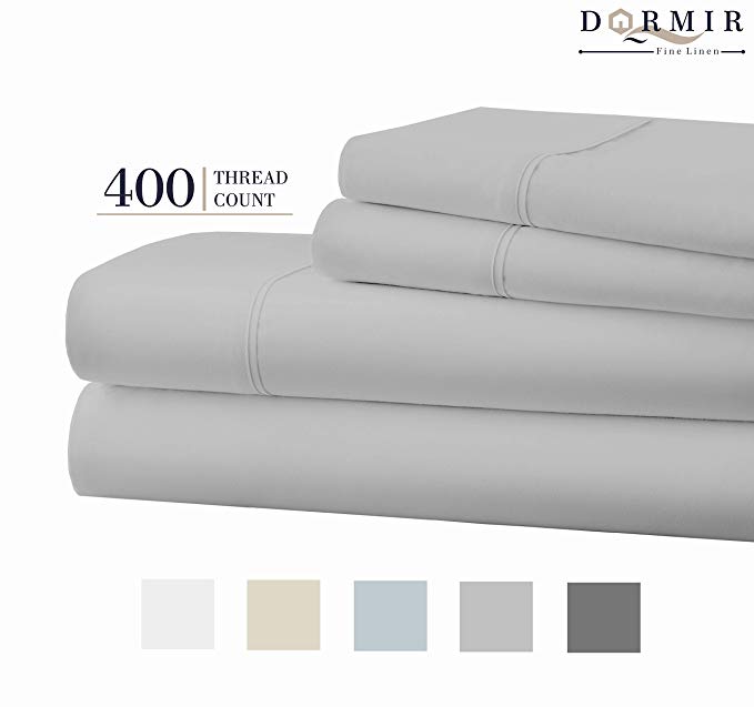 Dormir 400 Thread Count 100% Cotton Sheet Light Grey King Sheets Set, 4-Piece Long-Staple Combed Cotton Best Sheets for Bed, Breathable, Soft & Silky Sateen Weave Fits Mattress Upto 18'' Deep Pocket