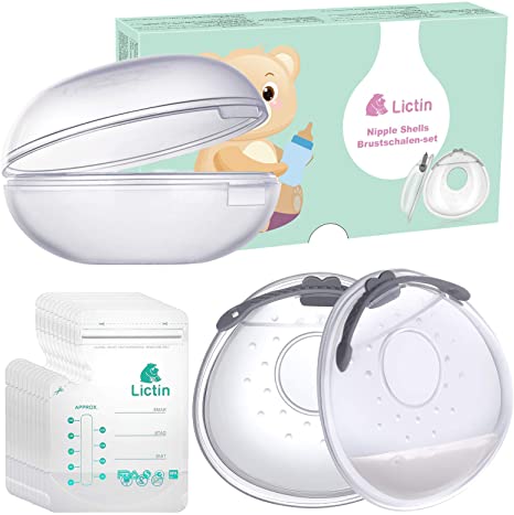 Lictin Breast Shells - 2PCS Silicone Breast Milk Collector Nursing Cups Nipple Shells Protect Sore Nipples, Milk Saver with 10pcs Breast Milk Storage Bag