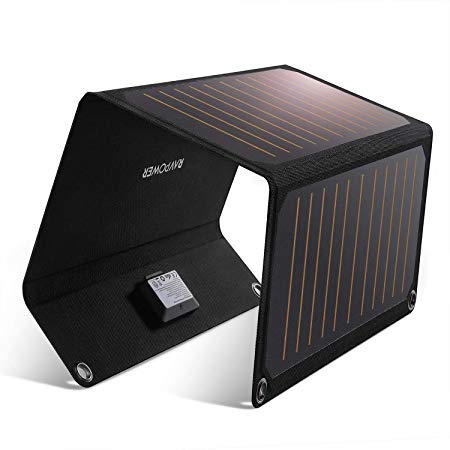 RAVPower Solar Charger 21W Solar Panel with Dual USB Port Waterproof Foldable Camping Travel Charger Compatible iPhone Xs XS Max XR X 8 7 Plus, iPad, Galaxy S9 S8 Edge Plus, Note, LG, Nexus and More