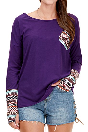 Fidus Women's Long Sleeve V Neck Casual Loose Pullover Tops Blouse T-shirts with Pockets