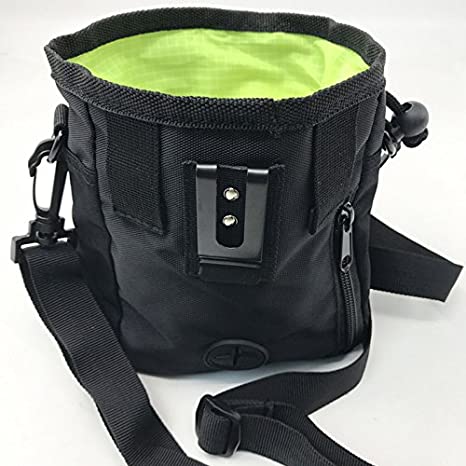 Dog Treat Bag & Training Pouch by AmazingBag - Built-in Poop Bag Dispenser - Flex Metal Clip, Belt or Shoulder Strap (Black, Headphone Port: Yes)