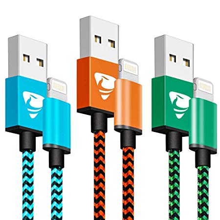 iPhone Charger Aioneus MFI iPhone Charging Cable 6FT 3 Pack Nylon Braided High Speed iPhone Charging Cord Compatible with iPhone X 8 8 Plus 7 7 Plus 6s 6s Plus 6 6 Plus iPad iPod-(Blue,Orange,Green)