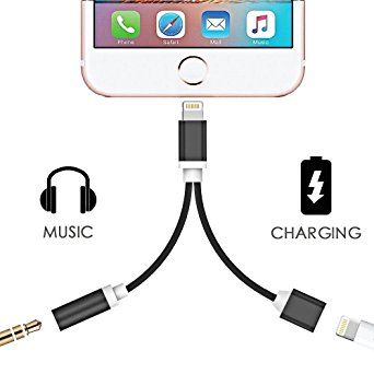 2 in 1 Lightning iPhone 7 Adapter, 3.5mm Audio Adapter and Charger Cable - Sprtjoy Lightning Charger and Earphone Stereo Jack Cable Adapter for iPhone 7 7 Plus (Black)