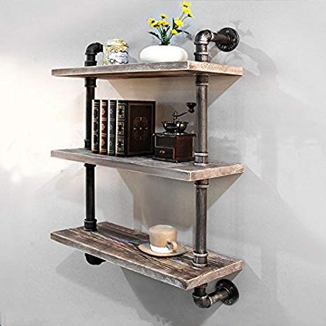 Industrial Pipe Bookcase Wall Shelf,Rustic Floating Wood Shelves Shelving (24'')