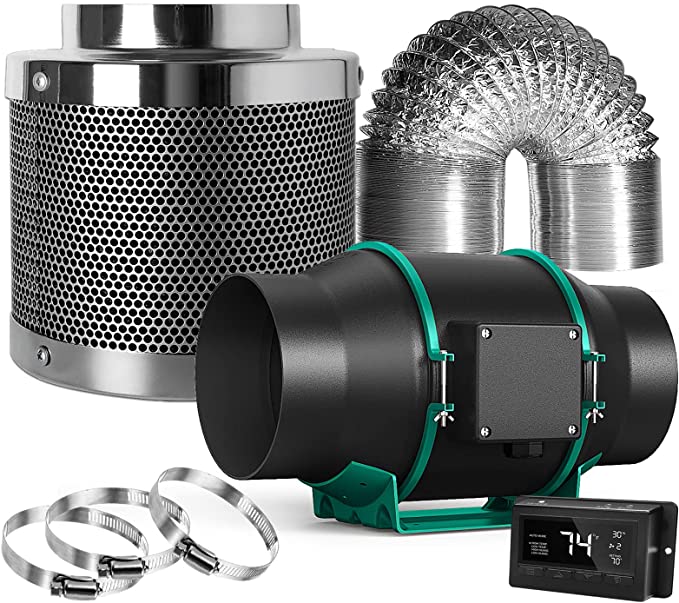 MARS HYDRO 6" Inline Fan Carbon Filter Combo - 6" Inline Fan with Temperature Humidity Controller, 6 Inch Carbon Filter, 33 Feet Ducting, 3 Duct Clamps Ventilation System Grow Tent Exhaust Fan Kit