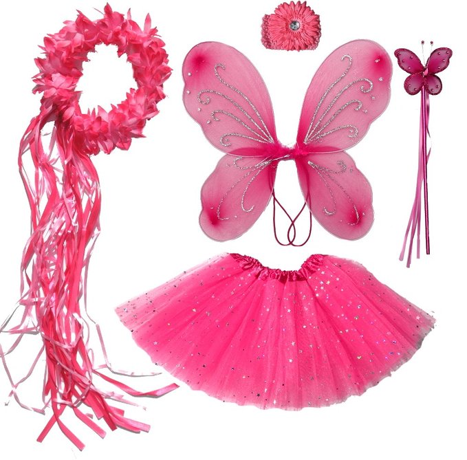 Girls Hot Pink Fairy Costume with Butterfly Wings, Wand, Tutu & Halo