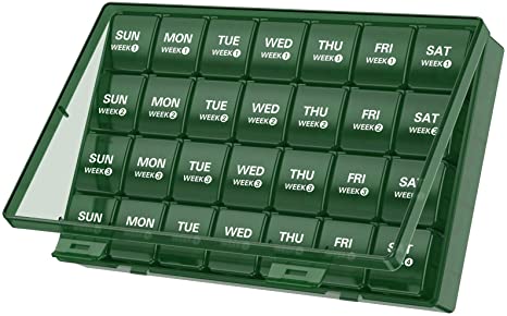 TookMag Monthly Pill Organizer 28 Day Pill Box Organizerd by Week, Large 4 Weeks One Month Pill Cases with Dust-Proof Container for Pills/Vitamin/Fish Oil/Supplements(Green)