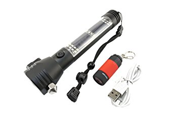 Rechargeable Solar LED Flashlight with Window Breaker Tool, Car Seat Belt Cutter, and Compass - For Camping Safety, Travel, or Emergency - All In One Multipurpose Tools