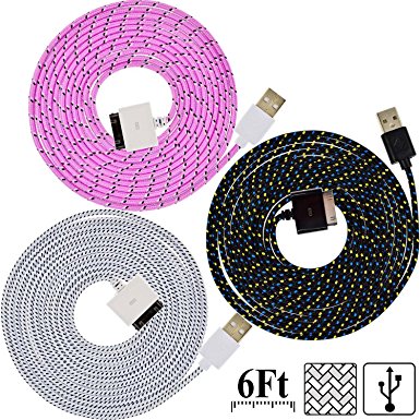 UNISAME [Pack of 3Pcs] 6Ft 2Meter Rugged 30 Pin USB Nylon Braided Charger Cord Charging & Sync Data Cable for iPhone 4 4S 3GS 3G, iPad 2, iPad 3, iPod Touch 1/2/3/4 (Black/ White/ Pink)