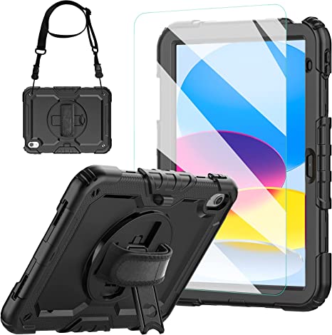 BLOSOMEET New iPad 10th Generation Case 2022 10.9 Inch with Tempered Glass Screen Protector & Pencil Holder,Rugged Protective Kids iPad 10.9 Case Cover with Stand Hand Shoulder Strap,Black