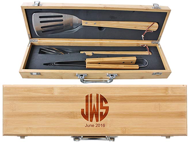 Engraved Monogram Fathers Day 3 Piece BBQ Grill Set with Bamboo Case - BBQ02 -07