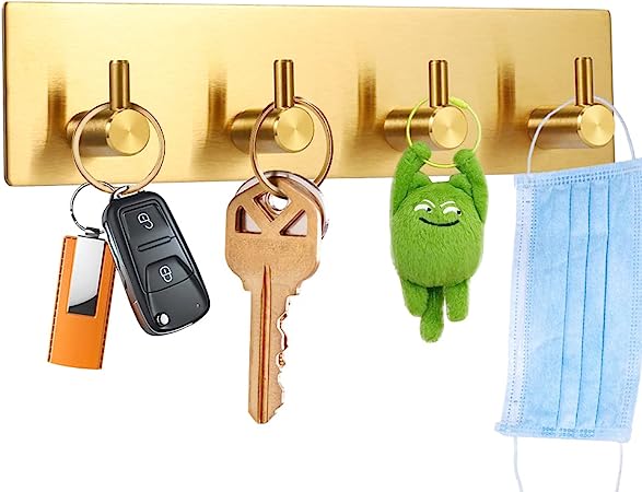 Picowe Key Holder for Wall Decorative, Adhesive Stainless Steel Key Hooks, Key Hanger Key Organizer for Wall, Towel Hook Coat Hanger for Kitchen Bathroom Mudroom Hallway Entryway(Four Rows,Golden)