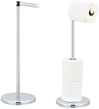 FREE STANDING CHROME TOILET ROLL HOLDER WITH SWIVEL ACTION TO HOLD EXTRA ROLL STORAGE