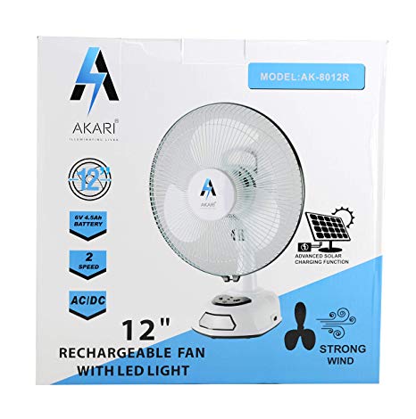 Akari Ak-8012 12" Rechargeable Ac/Dc Table Fan with Emergency Led Light, Solar Chargng Facility -White (to be Assembled as per Manual)